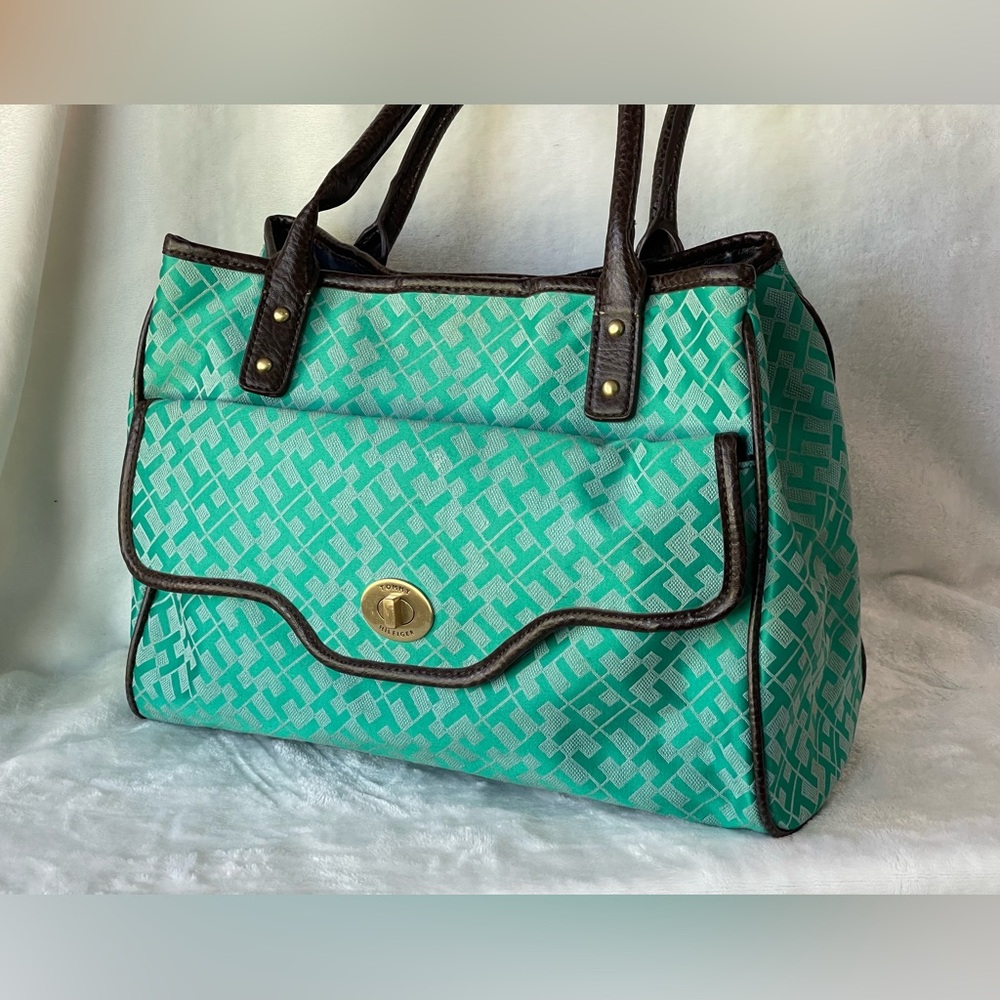 Tommy Hilfiger signature logo teal green satchel tote shoulder bag - Picture 5 of 10